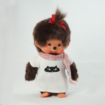 Monchhichi 粉紅圍巾白色連身裙女孩