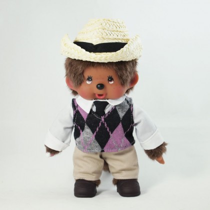 Monchhichi 菱形格背心草帽男孩